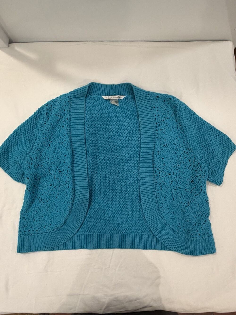 Peter Nygard Turquoise Knit Bolero Shrug Cardigan Crochet Open Front SS Large